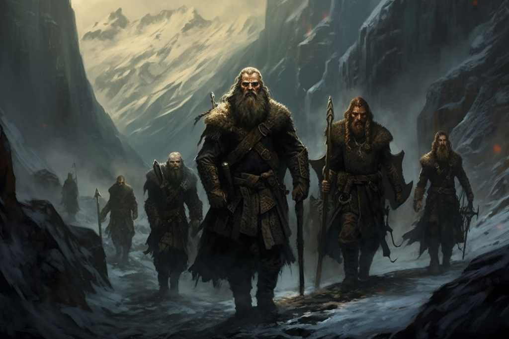 Vikings walking in the mountains